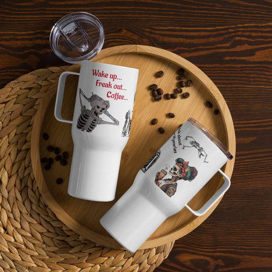 Murder Mysteries Travel mug with a handle